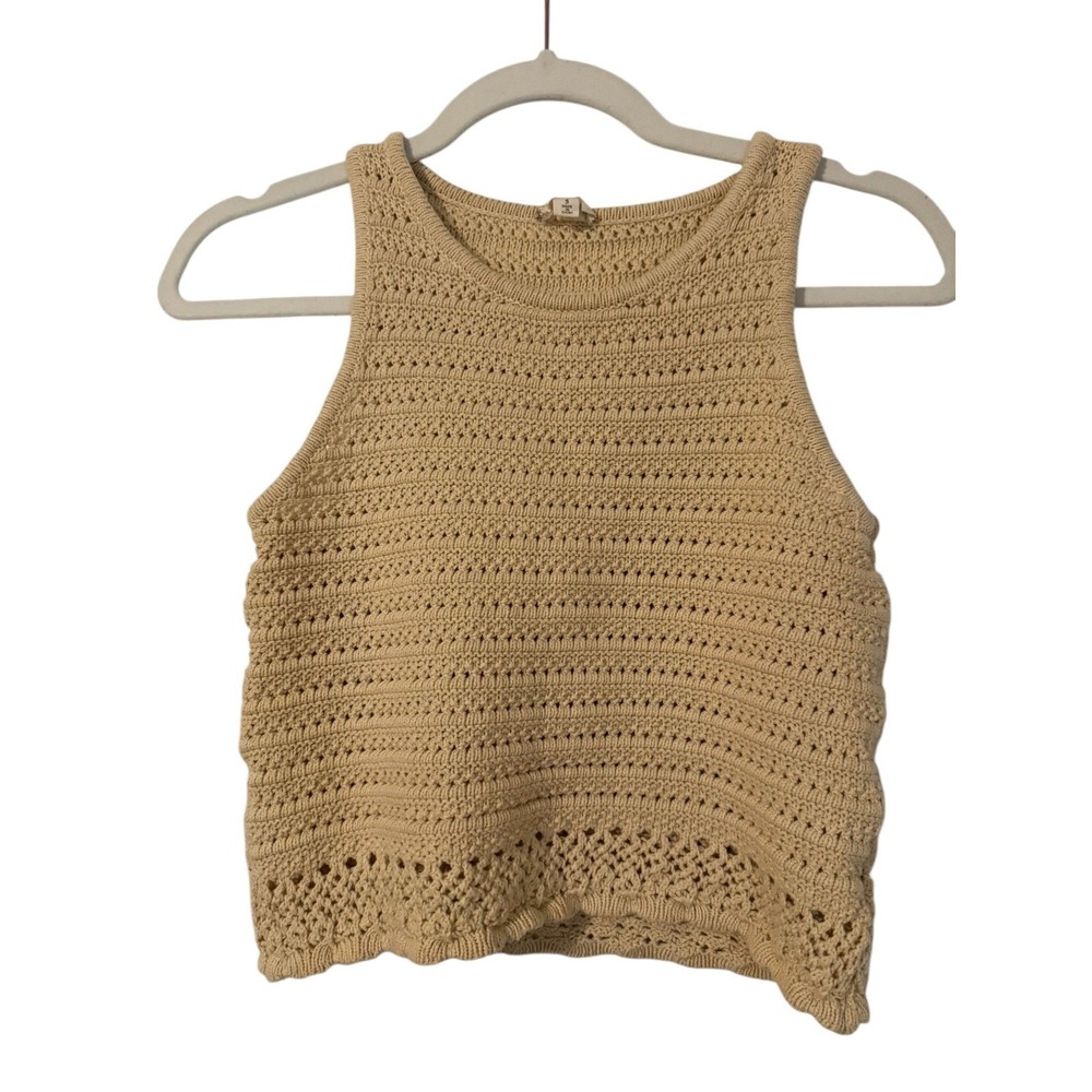 Hem & Thread Knit Open Crochet Tank Top Beige Crop Top Sweater Size Small